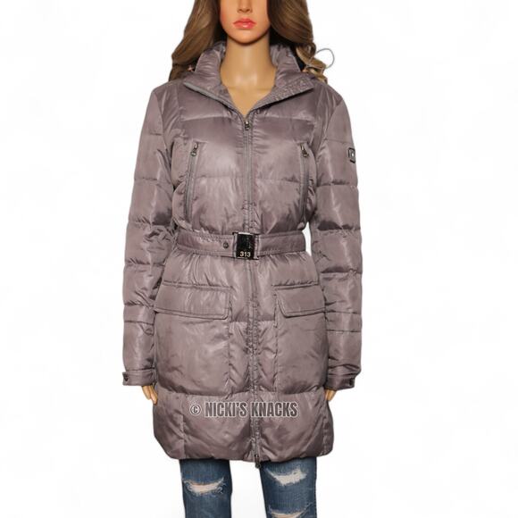 313 Tre Uno Tre Duck Down Puffer Belted Fur Hood Long Winter Coat Gray Size L - Picture 2 of 13